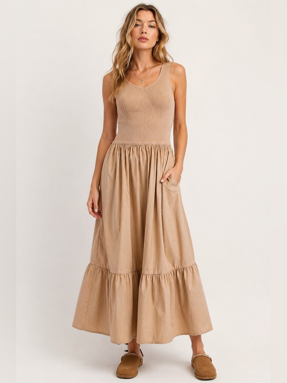 #12 easel FIRm Tan Sleeveless Tiered Maxi Dress